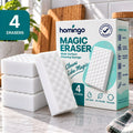 Homingo Magic Eraser box with four erasers on a marble worktop, with badges reading just water, eco-friendly and reusable