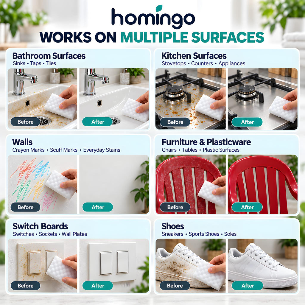 Homingo artwork of six before-and-after pairs: bathroom, kitchen, walls, furniture, switchboards and shoes