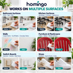 Homingo artwork of six before-and-after pairs: bathroom, kitchen, walls, furniture, switchboards and shoes
