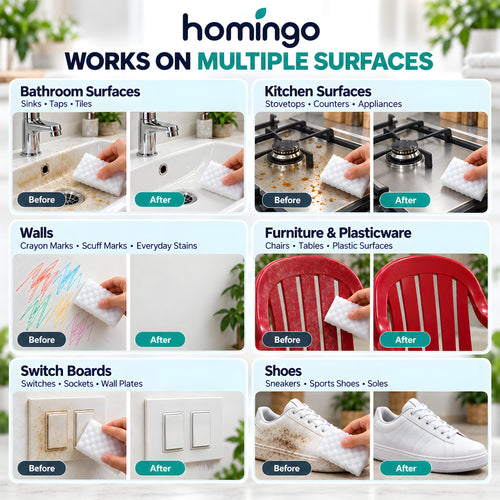 Homingo artwork of six before-and-after pairs: bathroom, kitchen, walls, furniture, switchboards and shoes