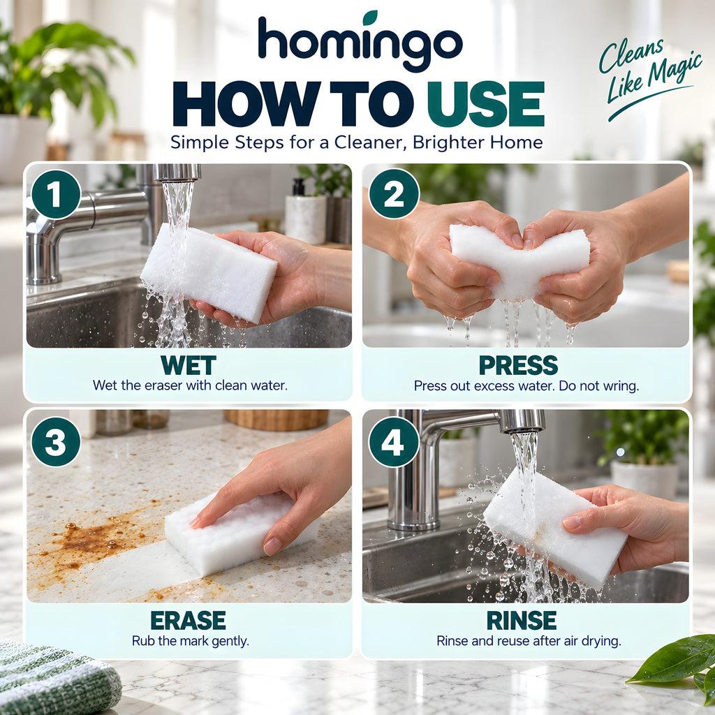 How to use: wet the eraser, press out the water without wringing, rub the mark gently, then rinse and air dry