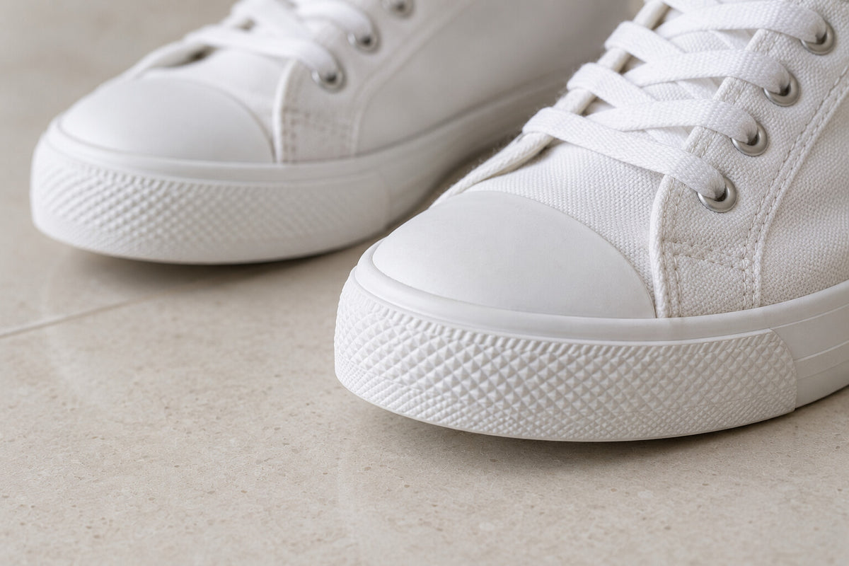 White canvas trainers with clean white rubber soles