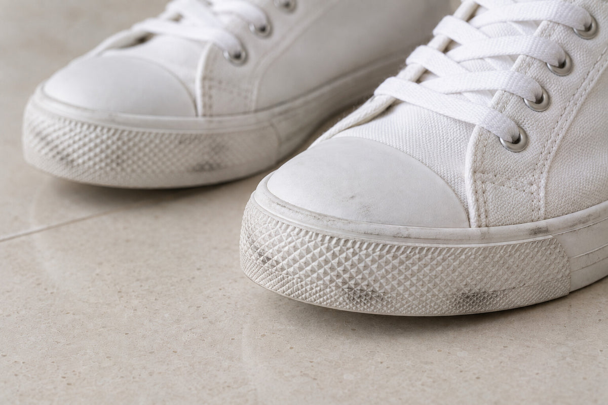 The same trainers with grey scuff marks and smudges along the rubber soles