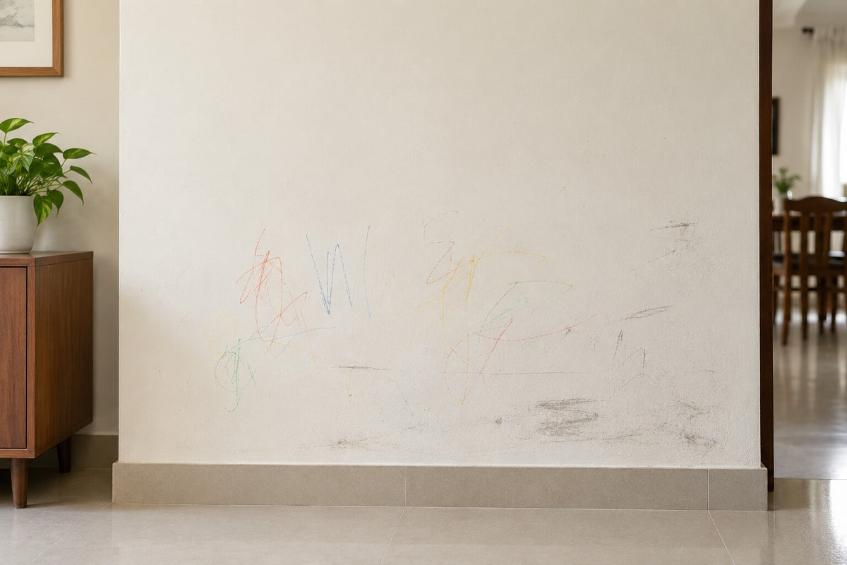 The same wall covered in children's crayon scribbles and grey scuff marks