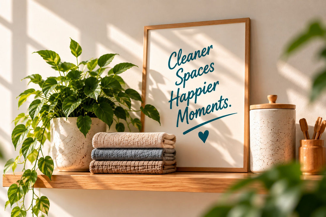 A sunlit shelf with folded cloths, a ceramic jar, a potted plant and a framed print reading Cleaner Spaces Happier Moments